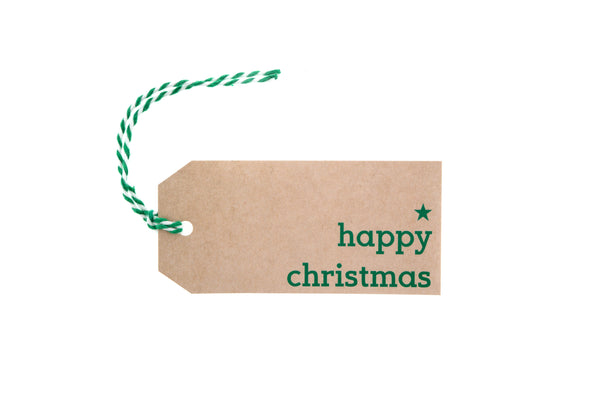6 Brown Gift Tags with Happy Christmas Printed in Green