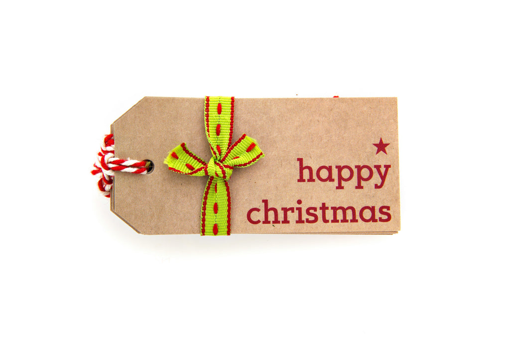 6 Brown Happy Christmas Gift Tag printed in Red