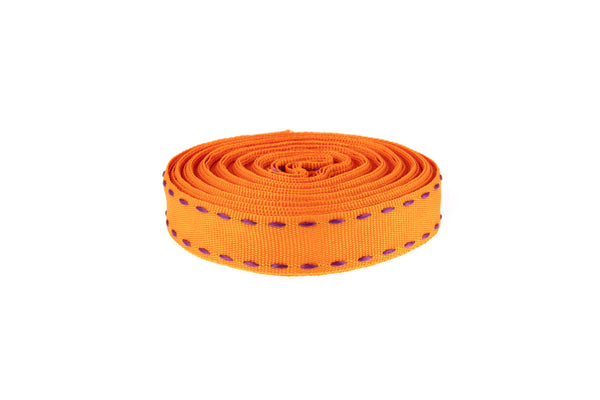 10m Roll Tangerine Orange Ribbon with Purple Stitching