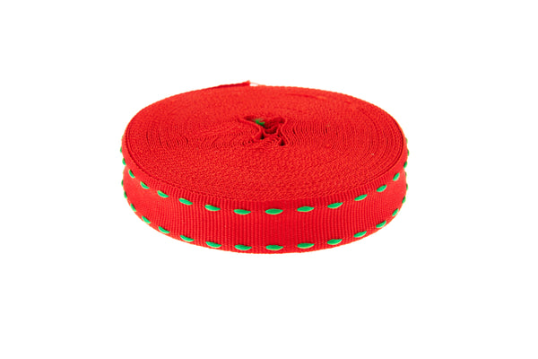 10m Roll Red Ribbon with Mint Green Stitching
