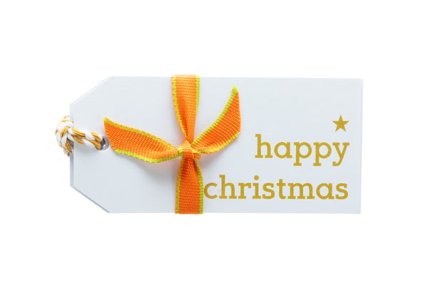 6 White Gift Tags with Gold Coloured Happy Christmas