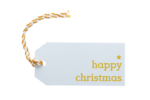 6 White Gift Tags with Gold Coloured Happy Christmas