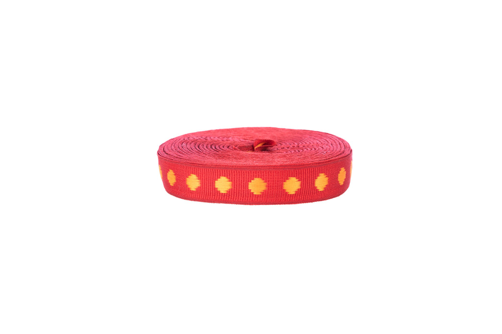 10m x 10mm wide Red Jacquard Ribbon with Orange Spots