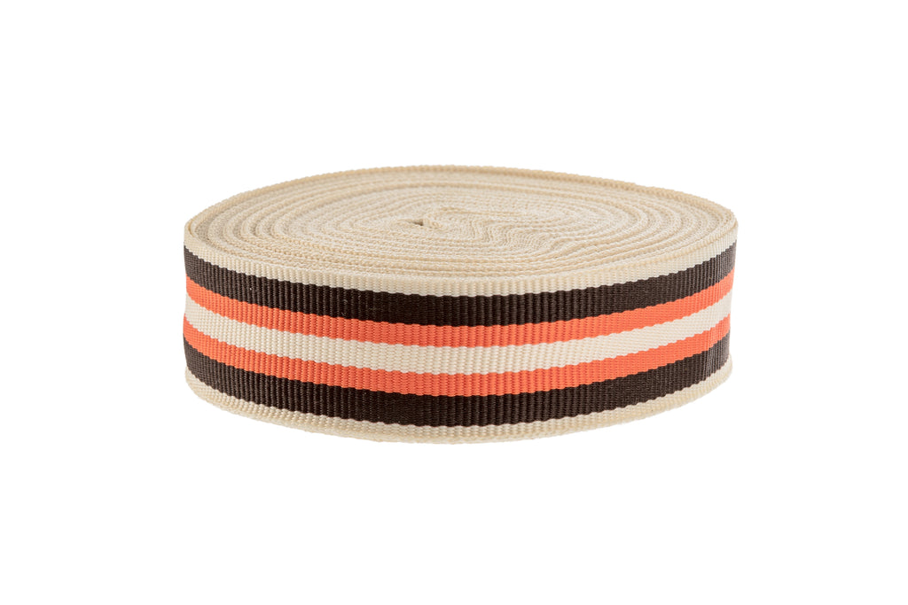 10m x 20mm width Chocolate Brown Ribbon with orange and cream stripes