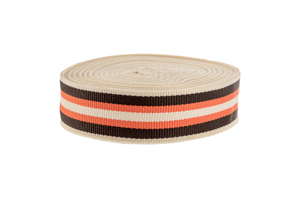 10m x 20mm width Chocolate Brown Ribbon with orange and cream stripes