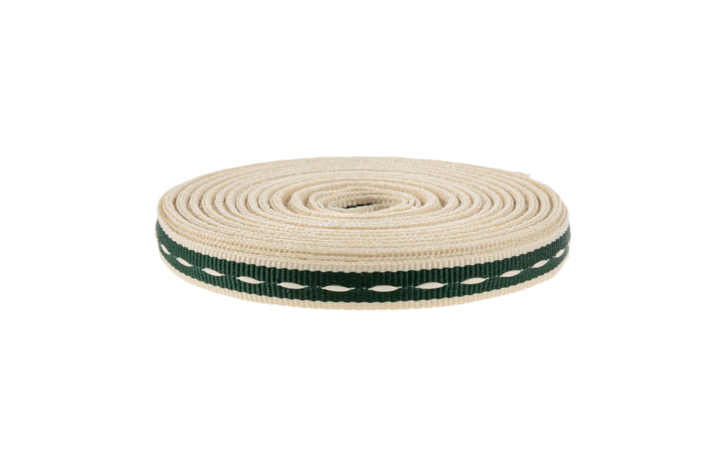 10m x 10mm Wide Forest Green Ribbon with Cream Stitching and Edging