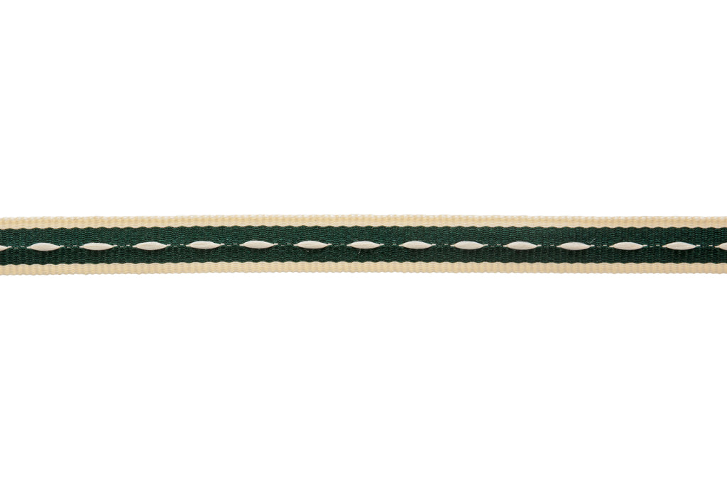 10m x 10mm Wide Forest Green Ribbon with Cream Stitching and Edging