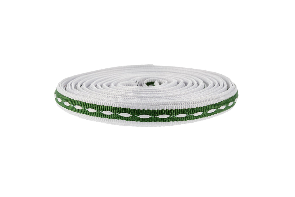 10m x 10mm width Spruce Green Ribbon with White Edging and Ticking