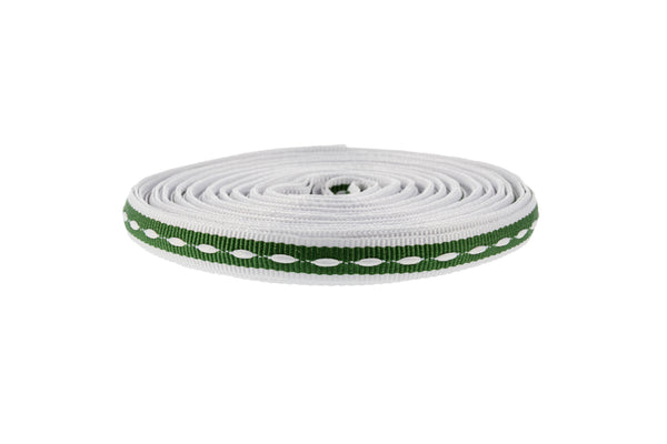10m x 10mm width Spruce Green Ribbon with White Edging and Ticking