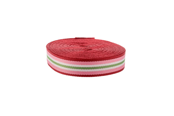 10m x 15mm width Dark Red, Pale Pink and Light Green Stripe