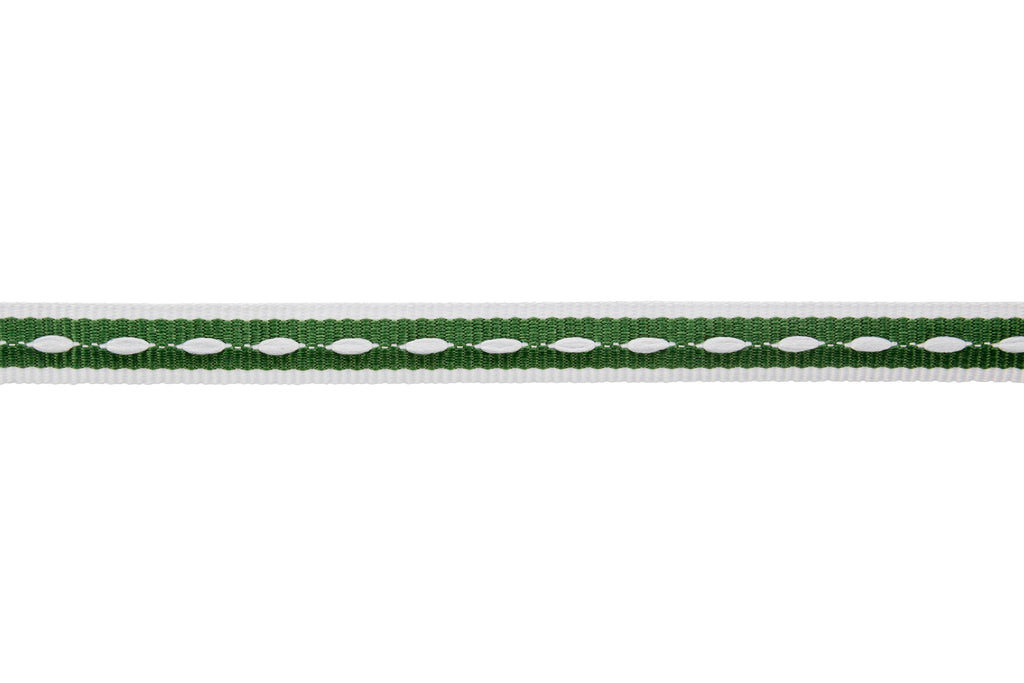 10m x 10mm width Spruce Green Ribbon with White Edging and Ticking