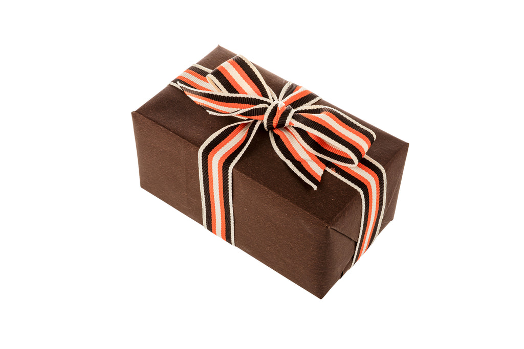10m x 20mm width Chocolate Brown Ribbon with orange and cream stripes