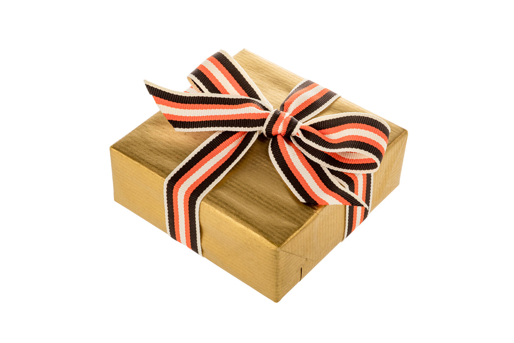 10m x 20mm width Chocolate Brown Ribbon with orange and cream stripes
