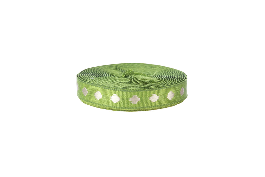 10m x 10mm wide roll Green Jacquard Ribbon with Metallic Spots