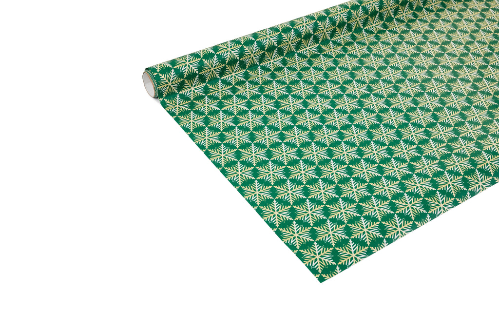 3m x 70cm Roll Recyclable Green Wrapping Paper with Hexagonal Snowflakes