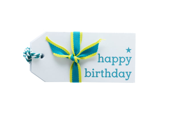 6 White Happy Birthday Gift Tags Printed in Blue