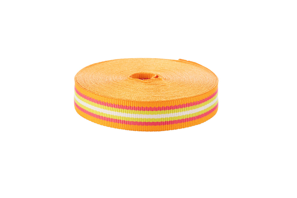 10m x 15mm width orange, pink, lime green and white striped ribbon