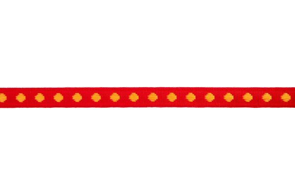 10m x 10mm wide Red Jacquard Ribbon with Orange Spots