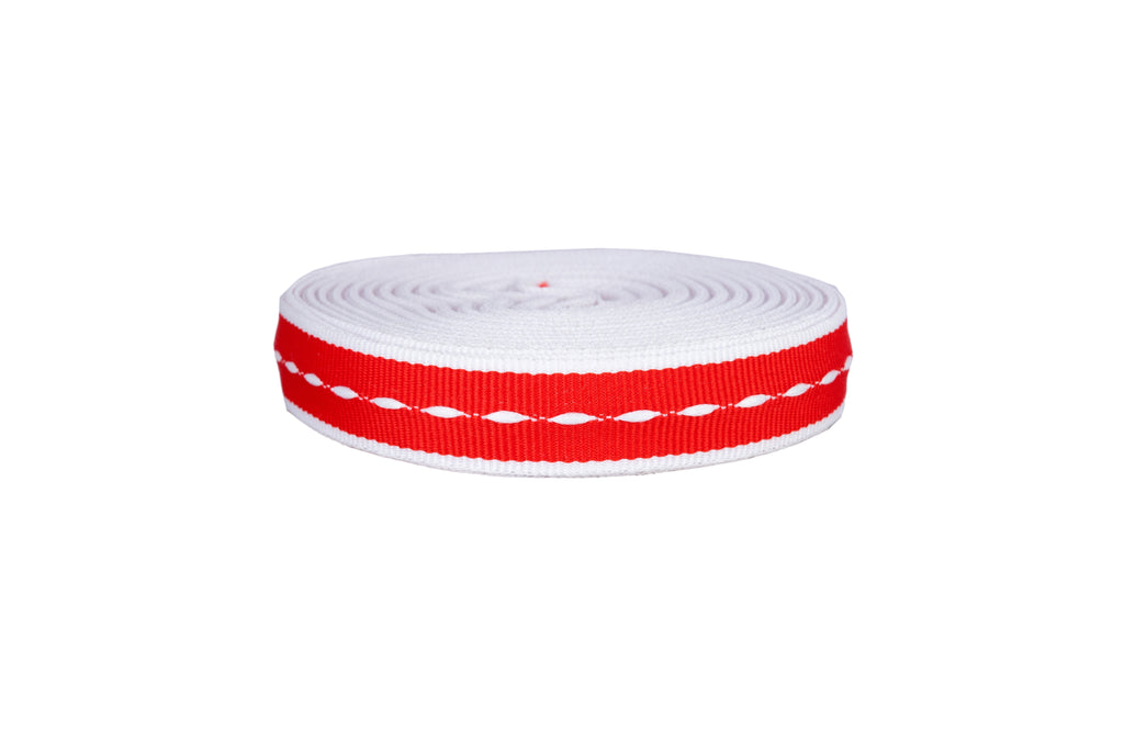 10m x 15mm width roll of red ribbon with white edging and stitching