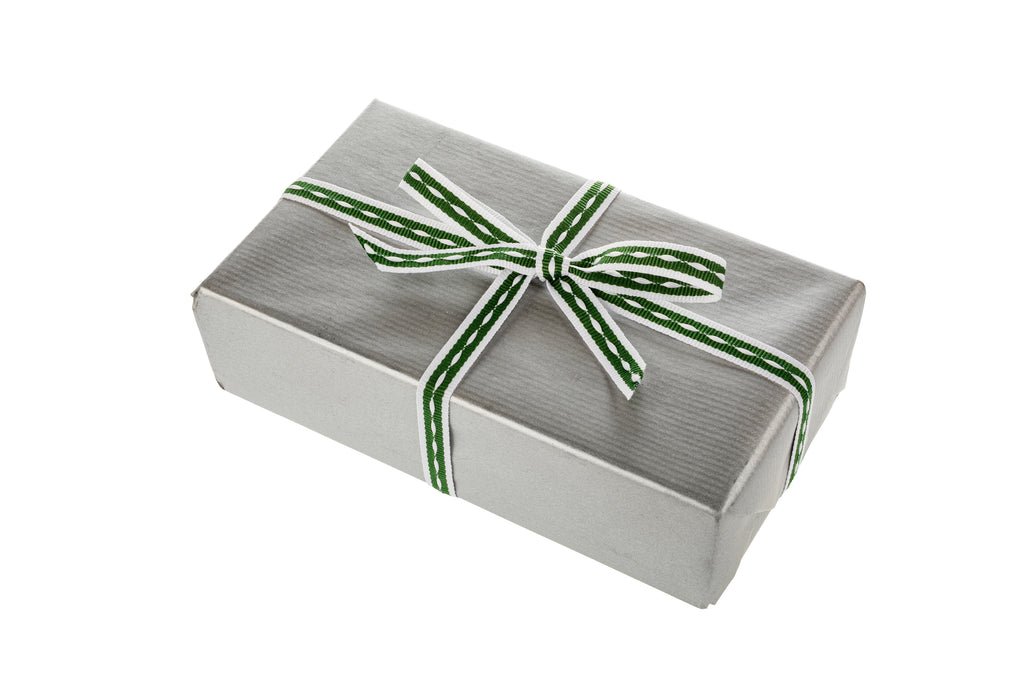 10m x 10mm width Spruce Green Ribbon with White Edging and Ticking