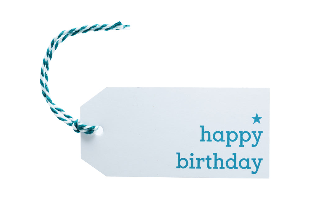 6 White Happy Birthday Gift Tags Printed in Blue