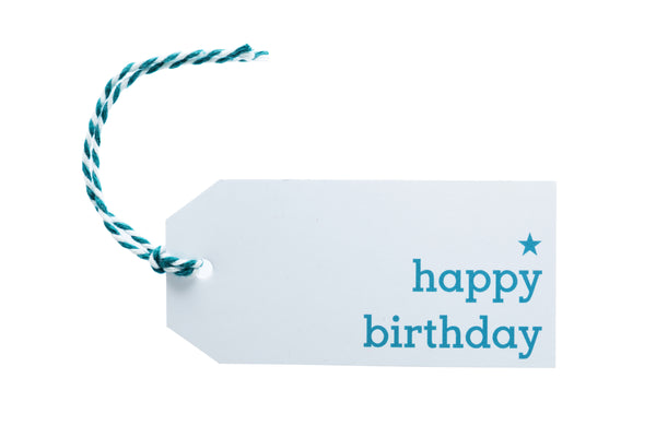 6 White Happy Birthday Gift Tags Printed in Blue