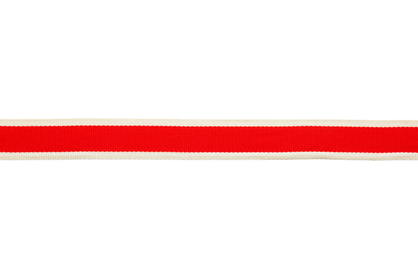 10m x 20mm Width off White Ribbon with Wide Red Stripe