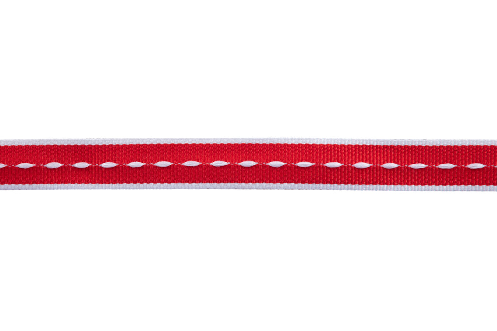 10m x 15mm width roll of red ribbon with white edging and stitching