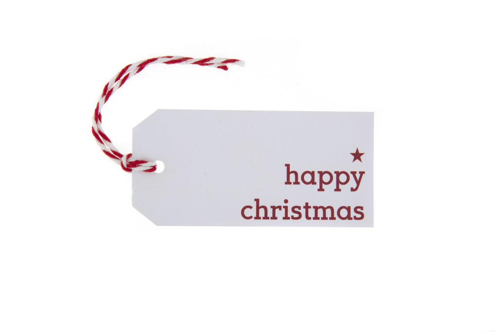 6 White Happy Christmas Gift Tags printed in Red