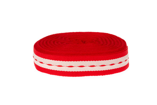 10m x 15mm wide White Ribbon with red edging and stitching