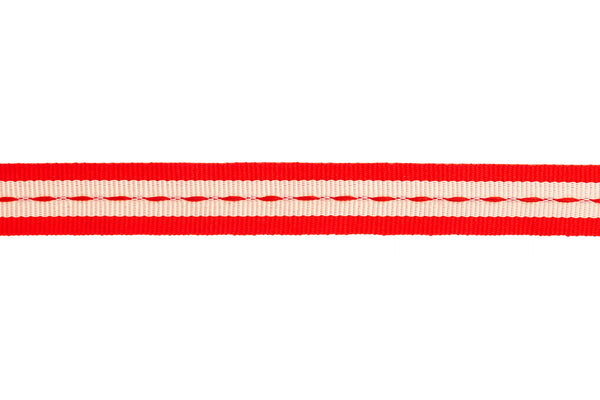 10m x 15mm wide White Ribbon with red edging and stitching