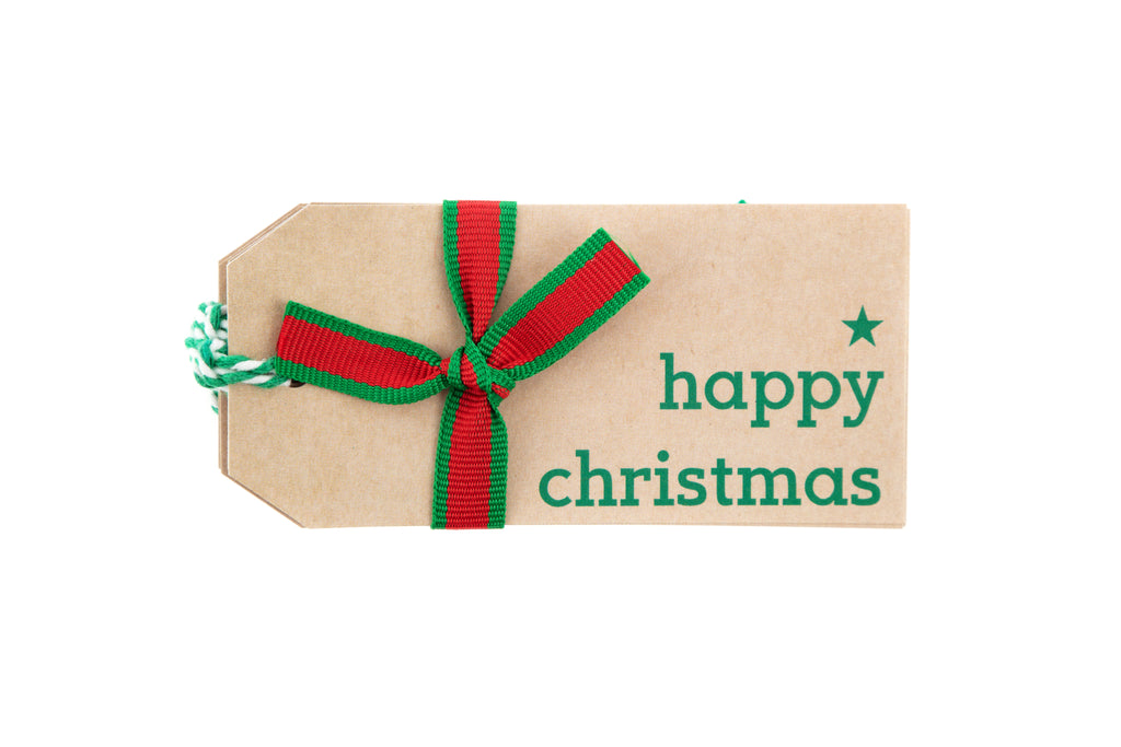 6 Brown Gift Tags with Happy Christmas Printed in Green