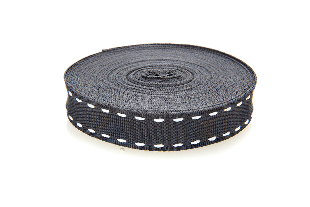 10m roll Charcoal Grosgrain Ribbon with White Stitching