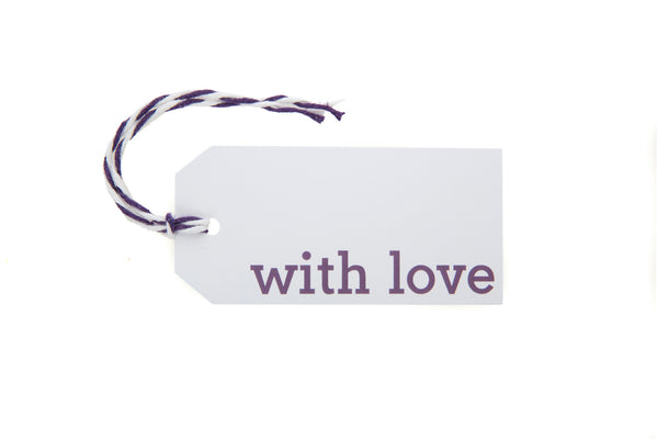 6 White With Love gift tags printed in purple