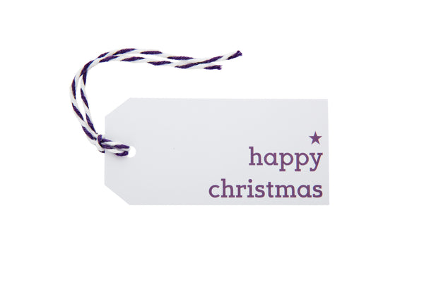 6 White Happy Christmas gift tags printed in purple
