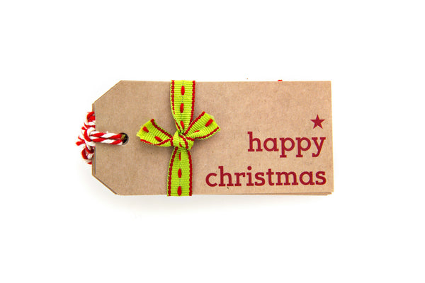 6 Brown Happy Christmas Gift Tag printed in Red
