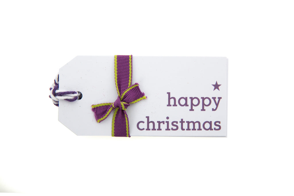 6 White Happy Christmas gift tags printed in purple