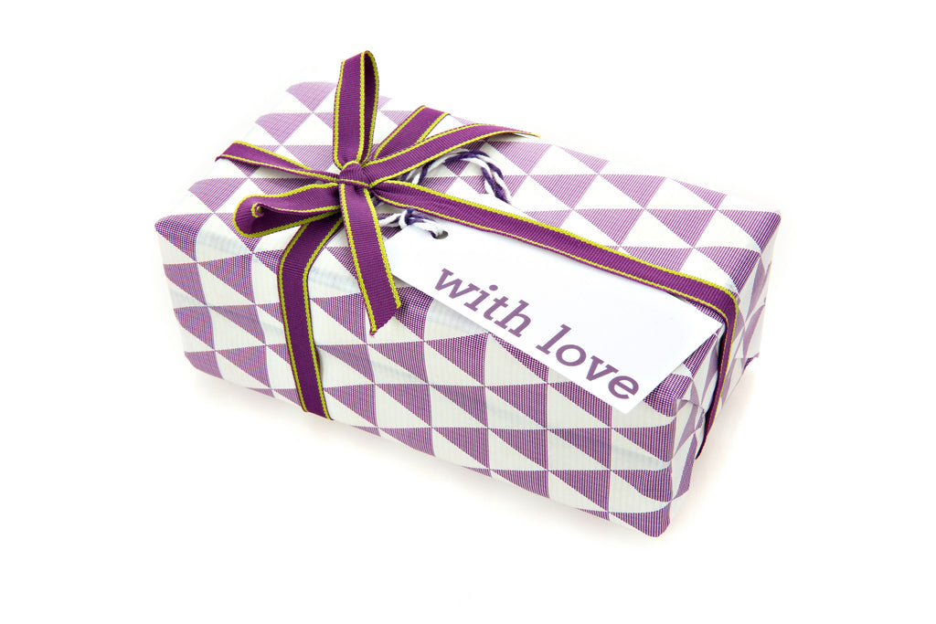 6 White With Love gift tags printed in purple