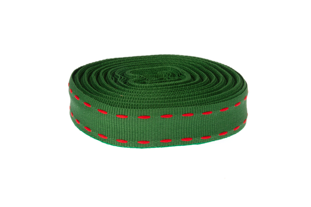 10m x 15mm wide roll Forest Green Ribbon with Red Stitching