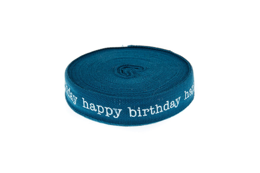 10m roll Teal Coloured Ribbon Printed with White Happy Birthday