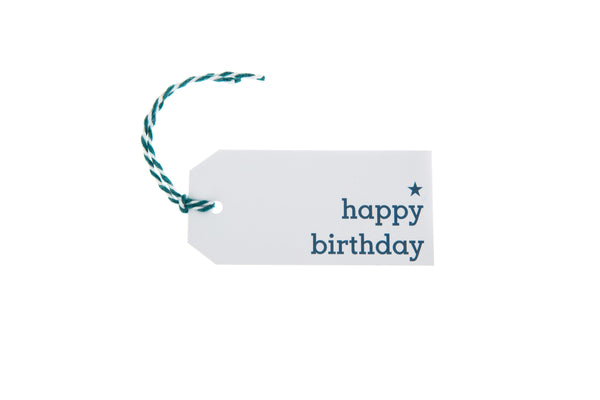 6 White Happy Birthday Gift Tags Printed in Teal