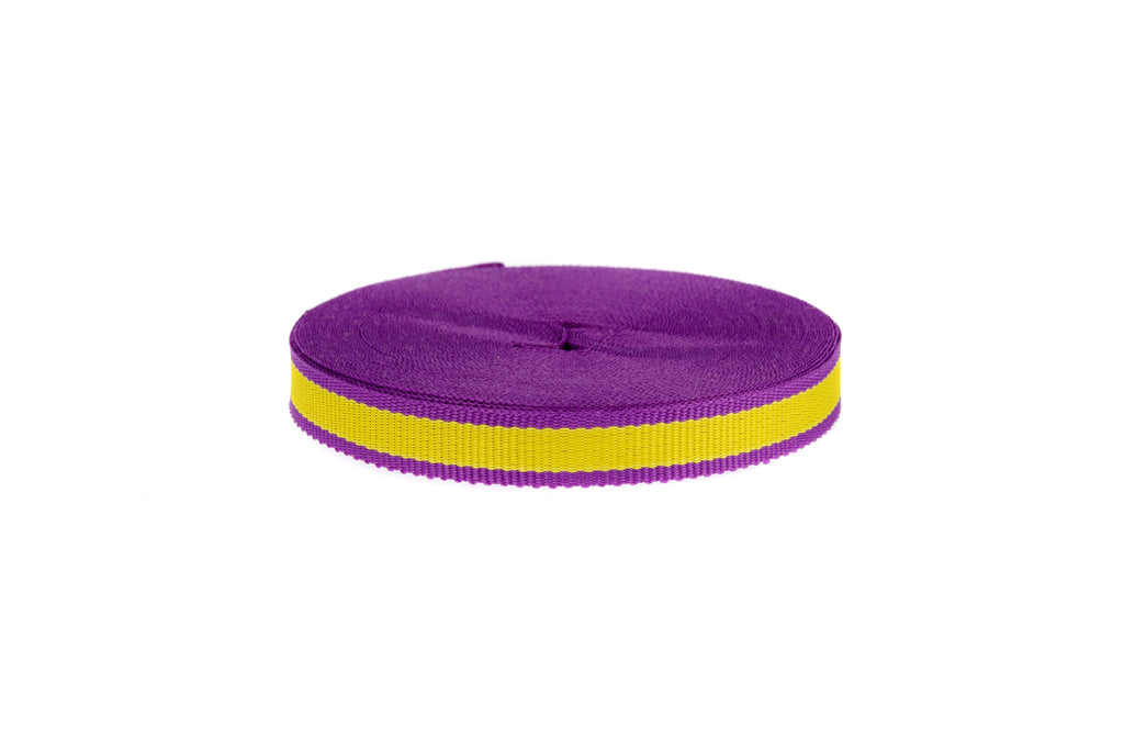 10m x 10mm wide mustard coloured ribbon with violet edge