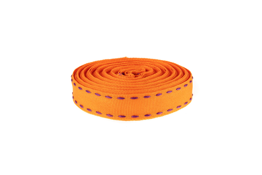 10m Roll Tangerine Orange Ribbon with Purple Stitching