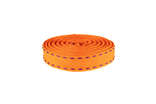 10m Roll Tangerine Orange Ribbon with Purple Stitching