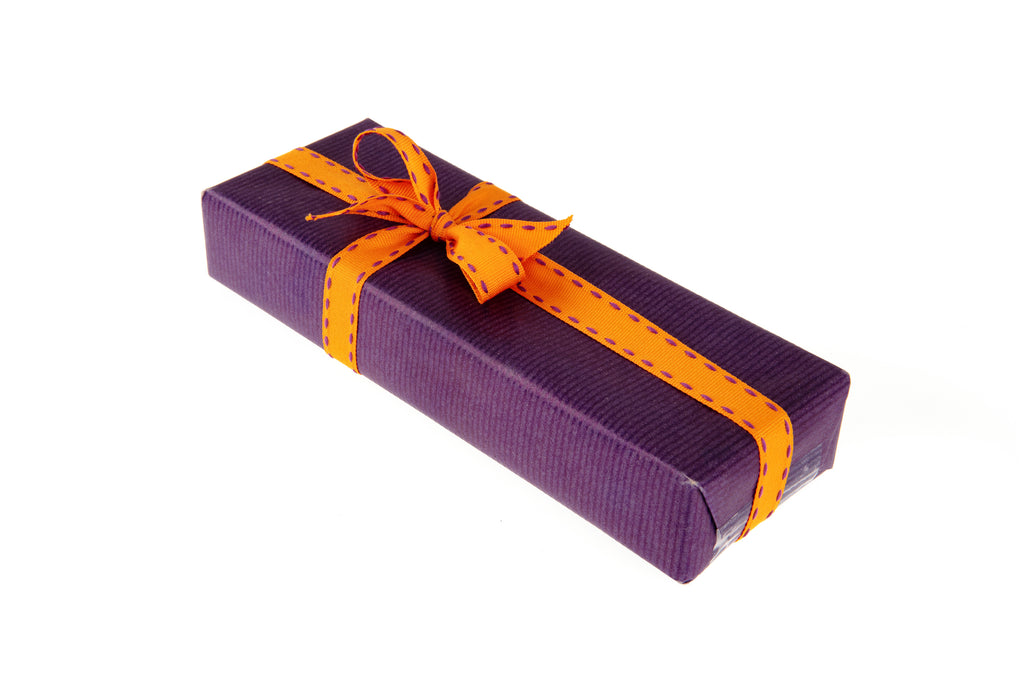 10m Roll Tangerine Orange Ribbon with Purple Stitching