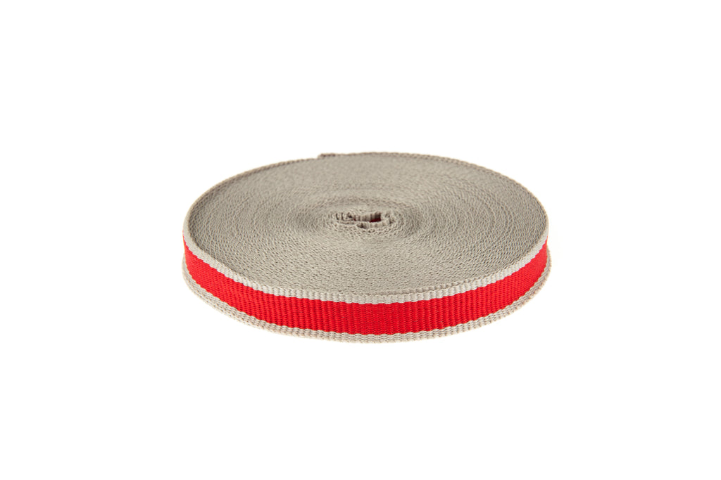 10m roll Red Grosgrain Ribbon with Grey Edging