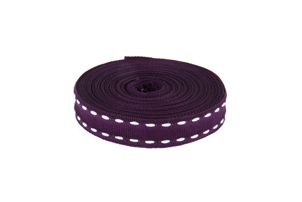 10m roll Deep Purple Grosgrain Ribbon with White Stitching