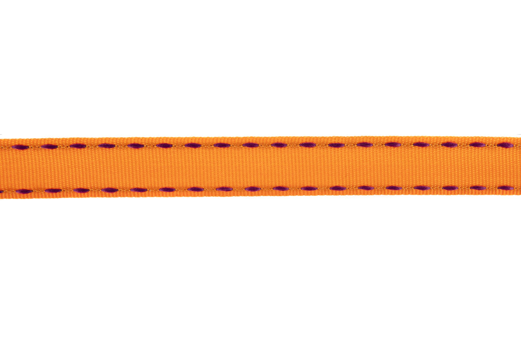 10m Roll Tangerine Orange Ribbon with Purple Stitching