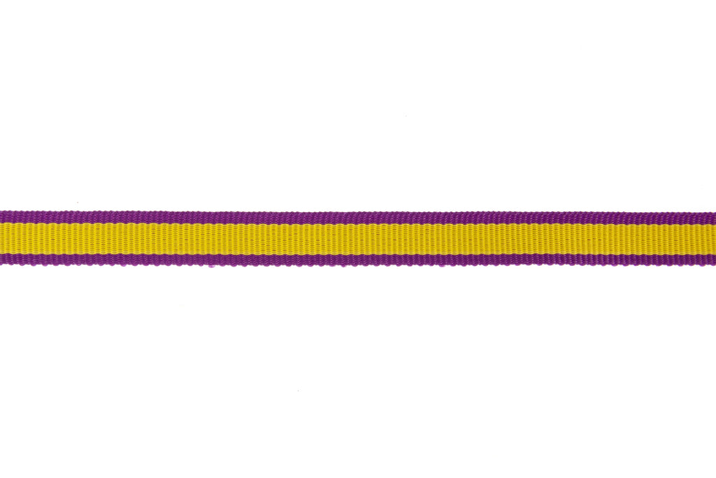 10m x 10mm wide mustard coloured ribbon with violet edge