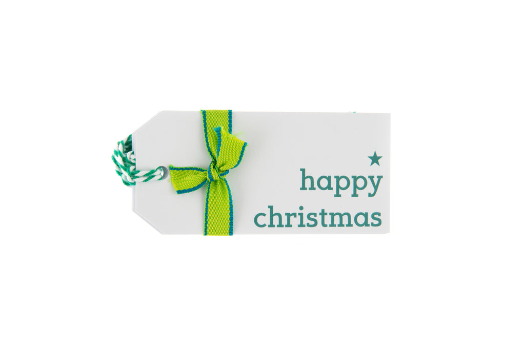 6 White Happy Christmas Gift Tags Printed in Green